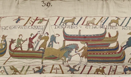 Descargando caballos de los barcos normandos, Tapiz de Bayeux
